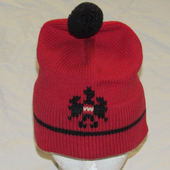 Vintage Made in Austria Coat Of Arms Eagle Red Black Wool Knit Pom Beanie Hat - Picture 1 of 5